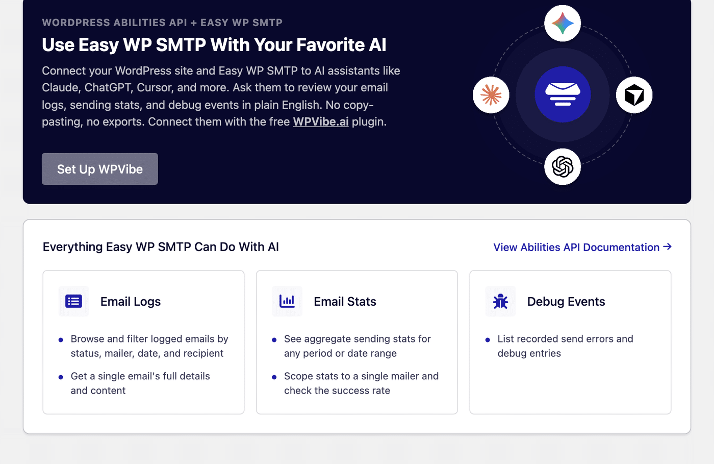 The Easy WP SMTP Tools page with the AI MCP tab selected, showing the Use Easy WP SMTP With Your Favorite AI panel and the list of abilities