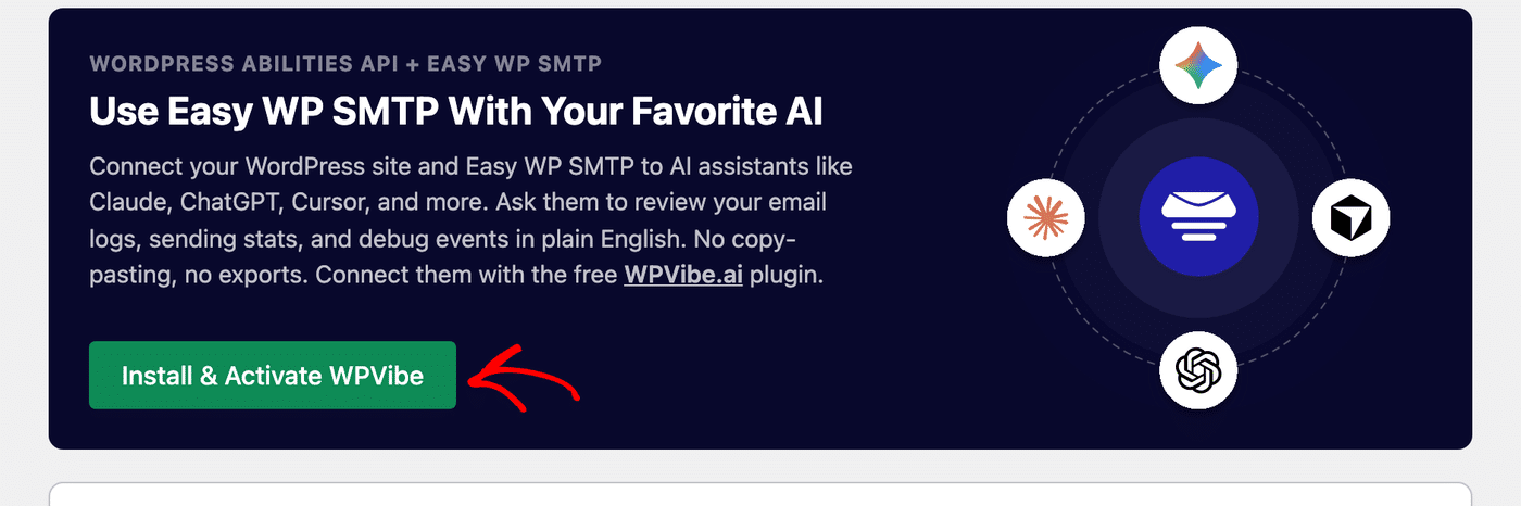 The AI MCP page with the Install and Activate WPVibe button highlighted