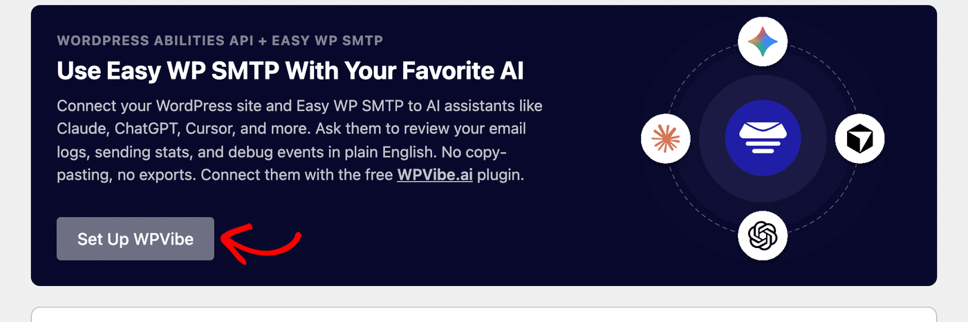 The AI MCP page with the Set Up WPVibe button shown after installation