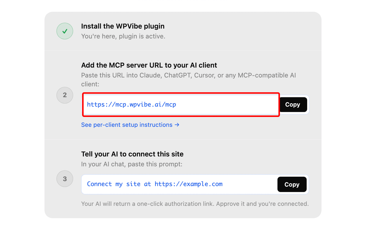 The WPVibe checklist showing the MCP server URL ready to copy