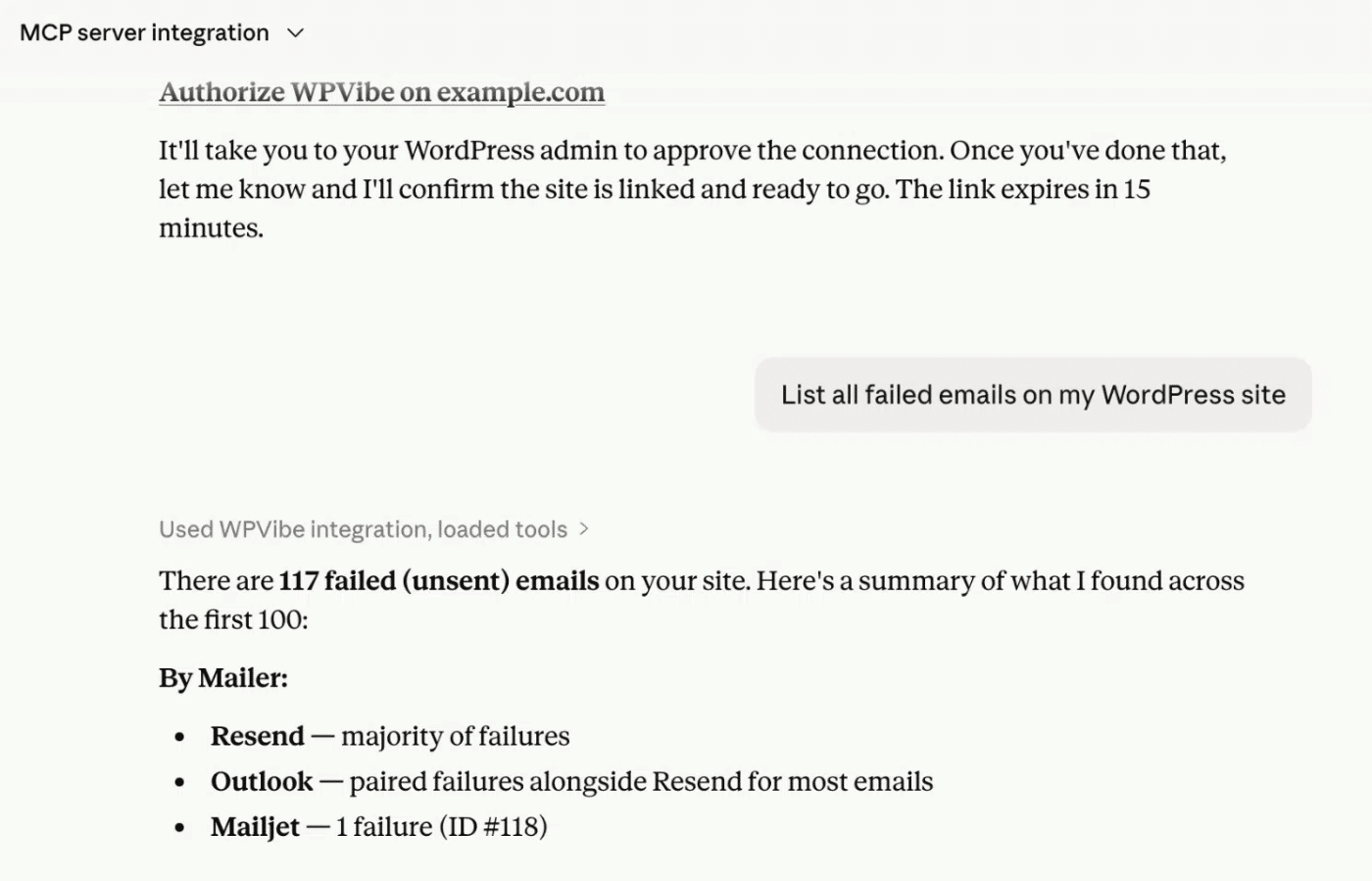 An AI assistant chat window showing an Easy WP SMTP prompt and the assistant's response with email log details
